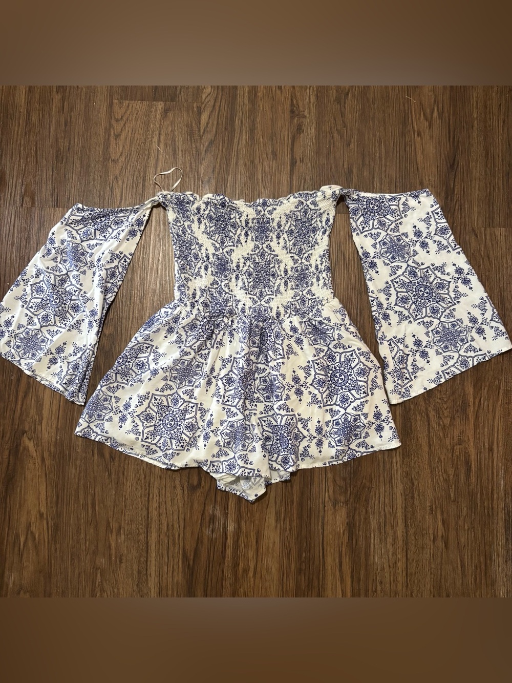 Hommage Blue & White Boho Floral Off Shoulder Smocked Romper L